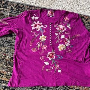 Johnny Was Purple Floral Embroidered Blouse